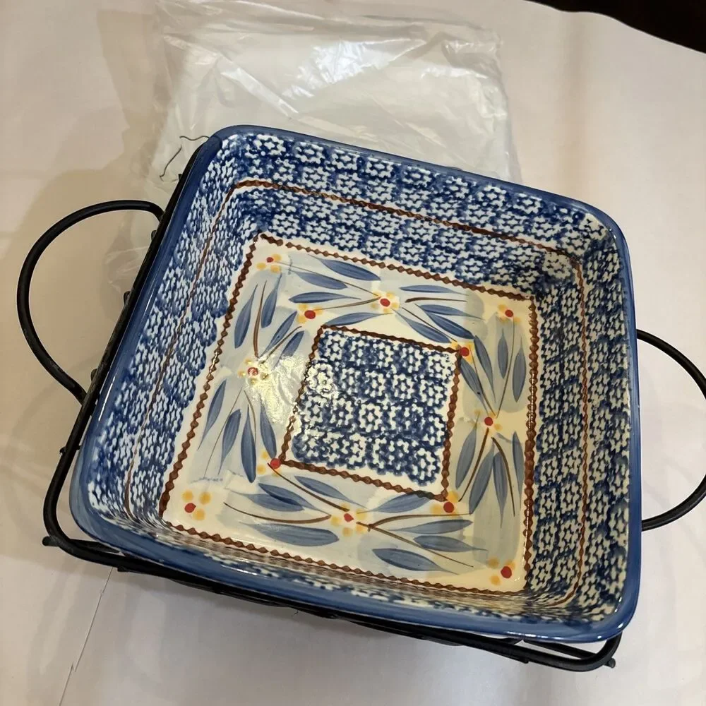Temp-tations By Tara Old World Blue 2 Qt Baking Dish With Rack, Lid And Trivet